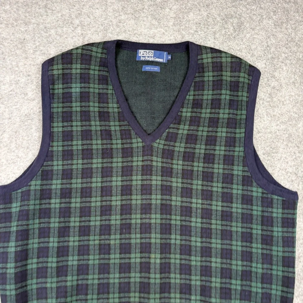 Polo Ralph Lauren Sweater Vest Mens XL Green Plaid V-Neck Cotton Knit